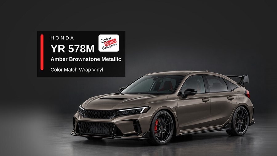 Illustrative Civic Type R-inspired hatchback in Honda YR 578M Amber Brownstone Metallic / Urban Titanium Metallic with Color Match Wrap branding