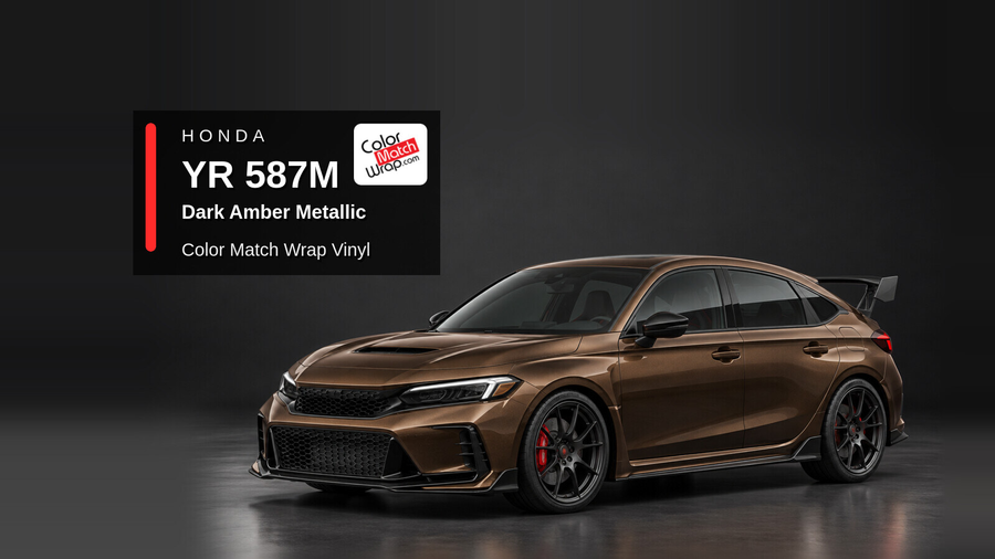Illustrative Civic Type R-inspired hatchback in Honda YR 587M Dark Amber Metallic with Color Match Wrap branding
