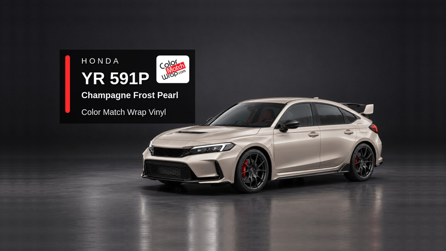 Illustrative Civic Type R-inspired hatchback in Honda YR 591P Champagne Frost Pearl with Color Match Wrap branding