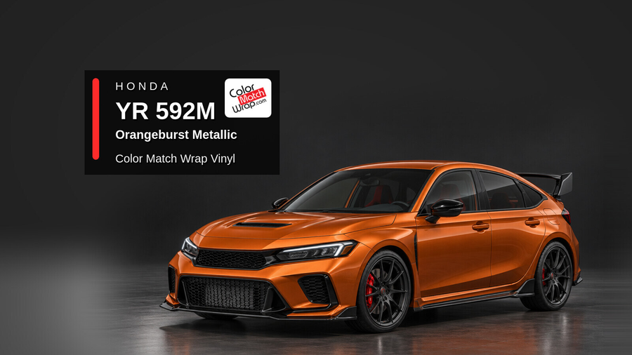 Illustrative Civic Type R-inspired hatchback in Honda YR 592M Orangeburst Metallic with Color Match Wrap branding