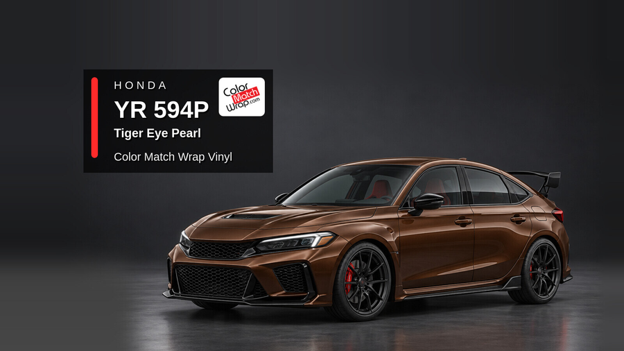 Illustrative Civic Type R-inspired hatchback in Honda YR 594P Tiger Eye Pearl with Color Match Wrap branding