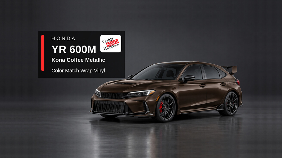 Illustrative Civic Type R-inspired hatchback in Honda YR 600M Kona Coffee Metallic with Color Match Wrap branding