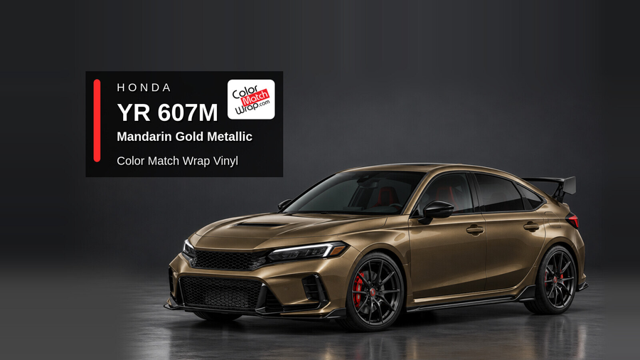 Illustrative Civic Type R-inspired hatchback in Honda YR 607M Mandarin Gold Metallic with Color Match Wrap branding