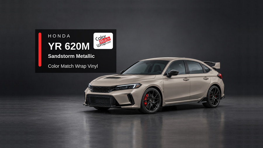 Illustrative Civic Type R-inspired hatchback in Honda YR 620M Sandstorm Metallic with Color Match Wrap branding