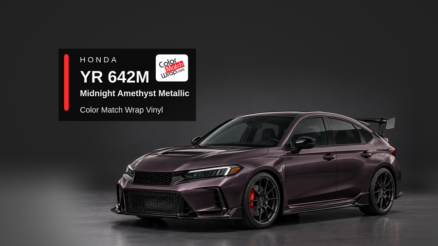 Illustrative Civic Type R-inspired hatchback in Honda YR 642M Midnight Amethyst Metallic with Color Match Wrap branding