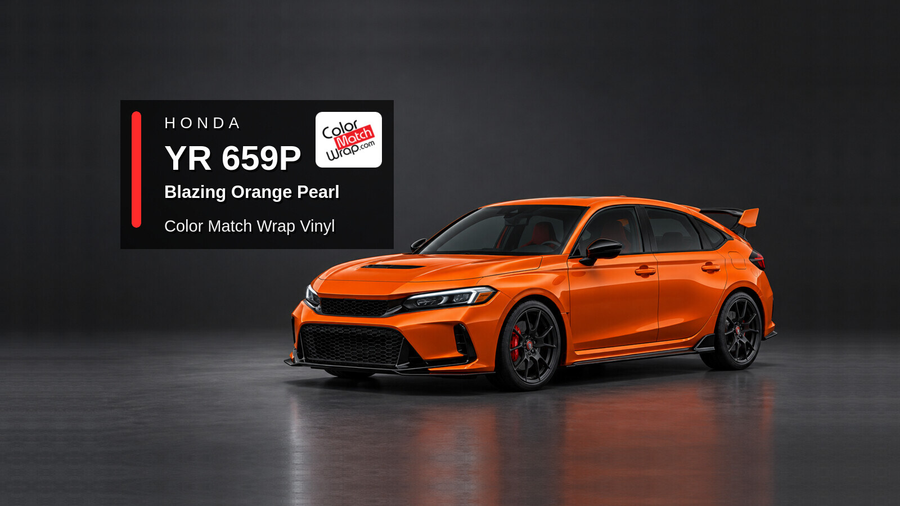 Illustrative Civic Type R-inspired hatchback in Honda YR 659P Blazing Orange Pearl with Color Match Wrap branding
