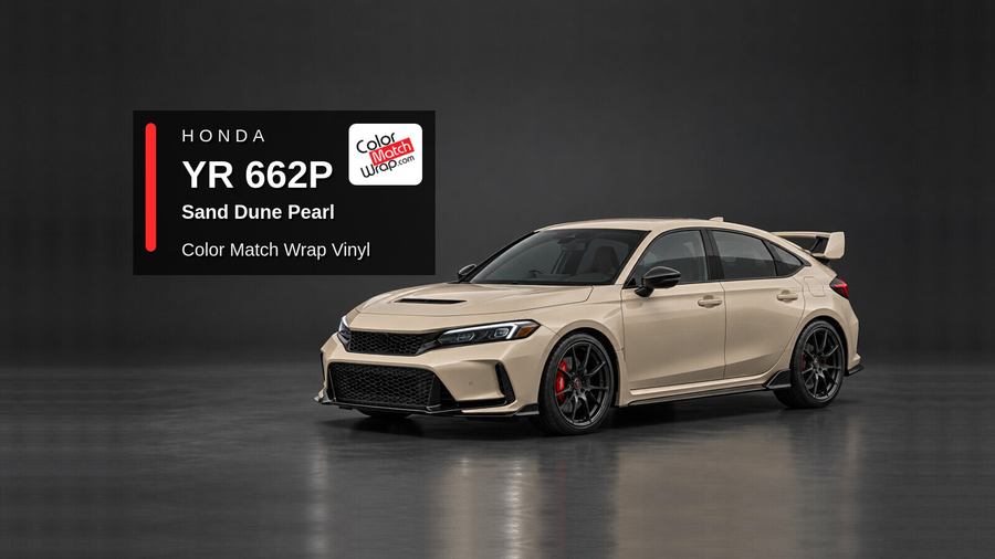Illustrative Civic Type R-inspired hatchback in Honda YR 662P Sand Dune Pearl with Color Match Wrap branding