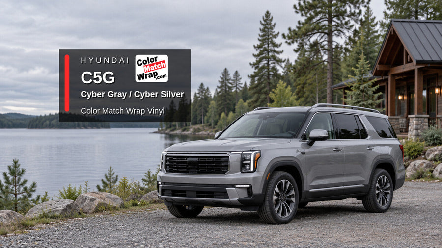 Illustrative three-row SUV in Hyundai C5G Cyber Gray / Cyber Silver with Color Match Wrap branding