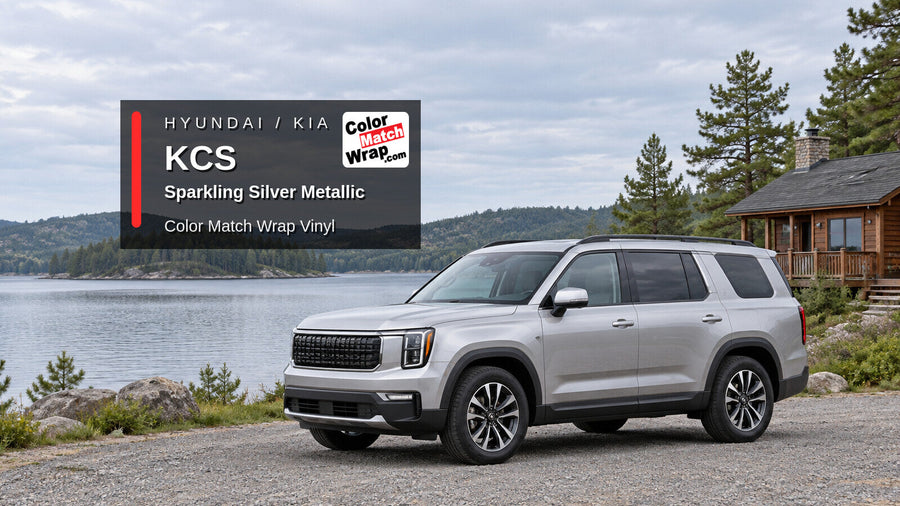 Illustrative three-row SUV in Hyundai / Kia KCS Sparkling Silver Metallic with Color Match Wrap branding