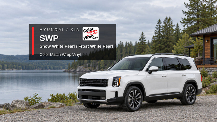 Illustrative Telluride-inspired three-row SUV in Hyundai / Kia SWP Snow White Pearl / Frost White Pearl with Color Match Wrap branding