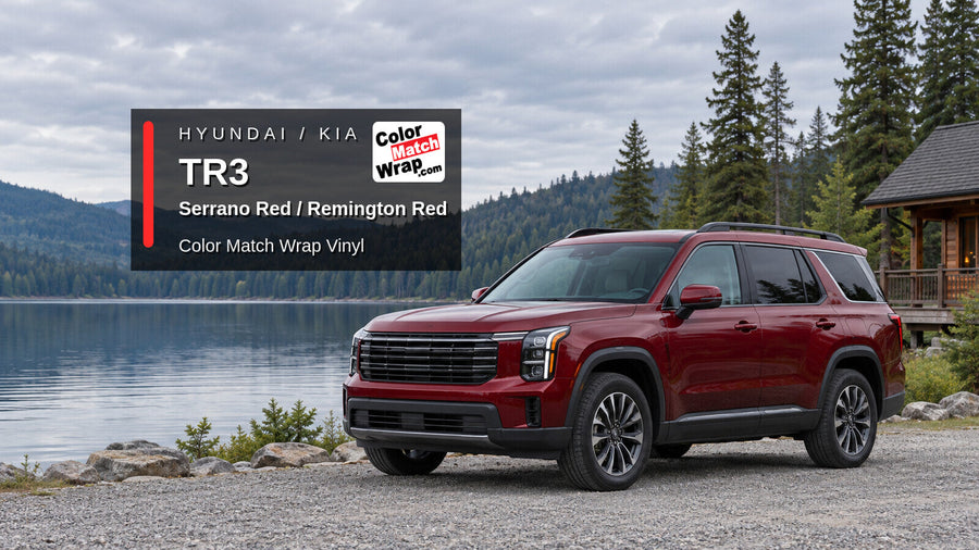 Illustrative three-row SUV in Hyundai / Kia TR3 Serrano Red / Remington Red with Color Match Wrap branding
