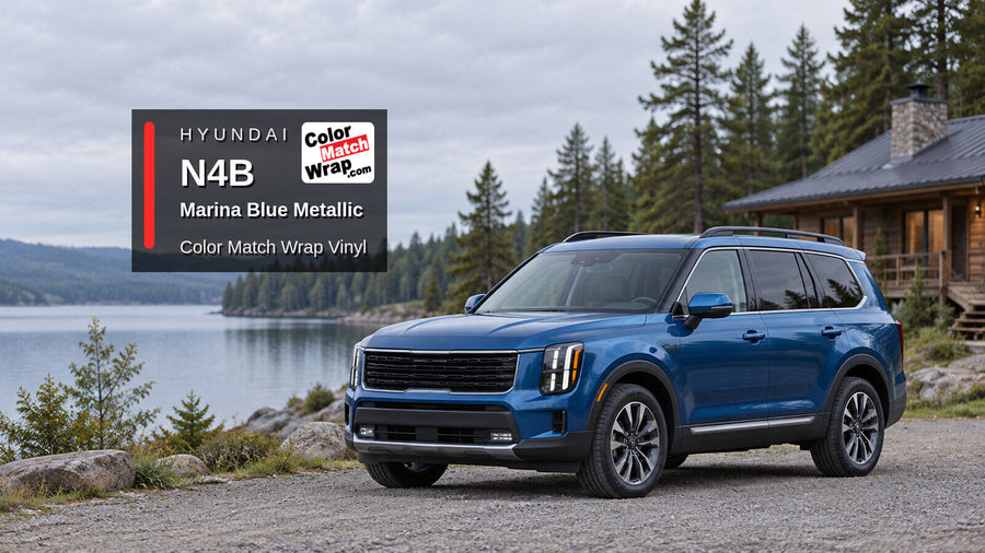 Illustrative three-row SUV in Hyundai N4B Marina Blue Metallic with Color Match Wrap branding