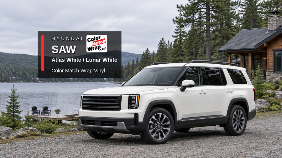 Illustrative three-row SUV in Hyundai SAW Atlas White / Lunar White with Color Match Wrap branding