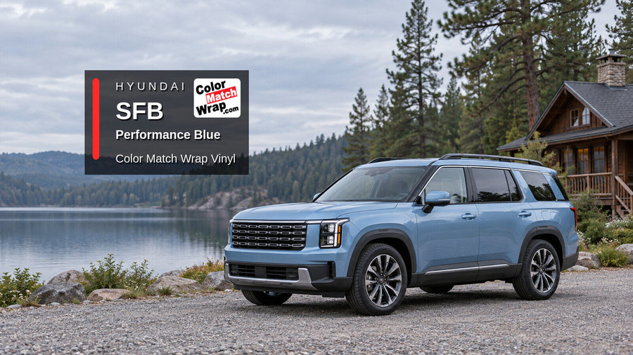 Illustrative three-row SUV in Hyundai SFB Performance Blue with Color Match Wrap branding