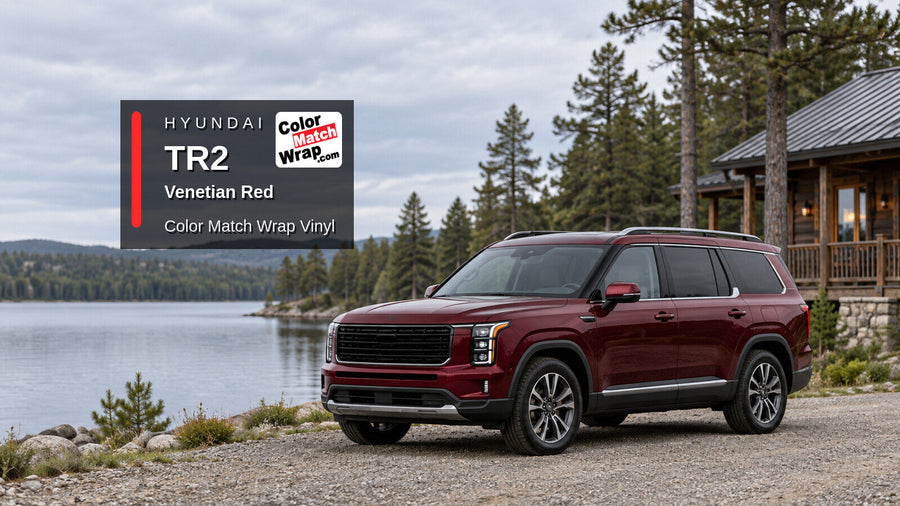Illustrative three-row SUV in Hyundai TR2 Venetian Red with Color Match Wrap branding