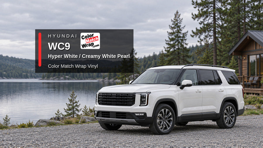 Illustrative three-row SUV in Hyundai WC9 Hyper White / Creamy White Pearl with Color Match Wrap branding