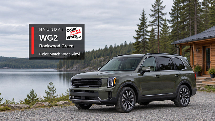 Illustrative three-row SUV in Hyundai WG2 Rockwood Green with Color Match Wrap branding