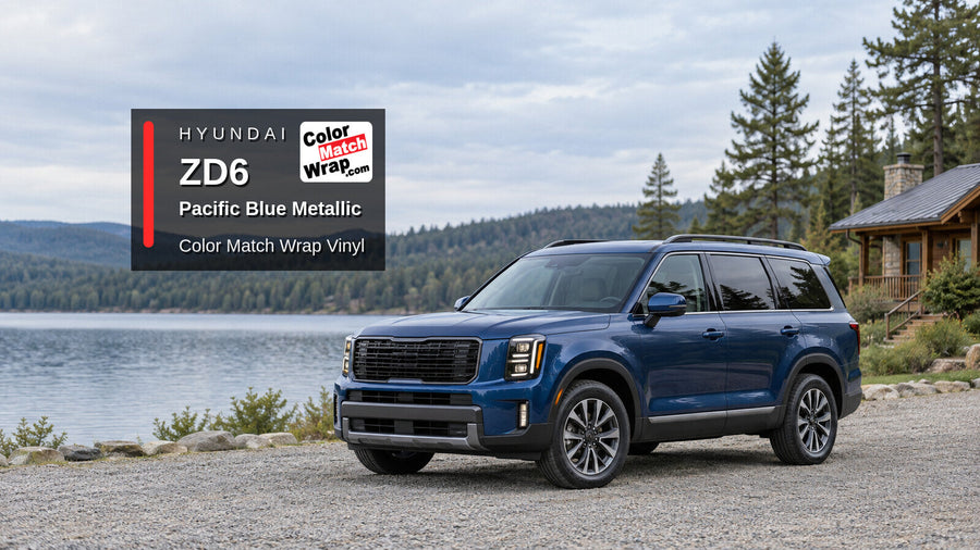 Illustrative three-row SUV in Hyundai ZD6 Pacific Blue Metallic with Color Match Wrap branding