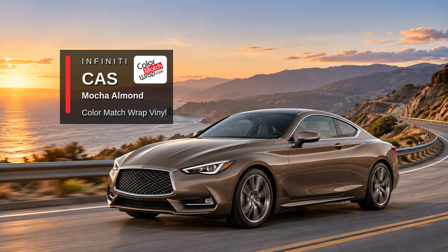 Illustrative Q60-inspired coupe in Infiniti CAS Mocha Almond with Color Match Wrap branding