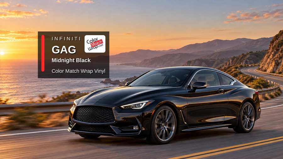 Illustrative Q60-inspired coupe in Infiniti GAG Midnight Black with Color Match Wrap branding