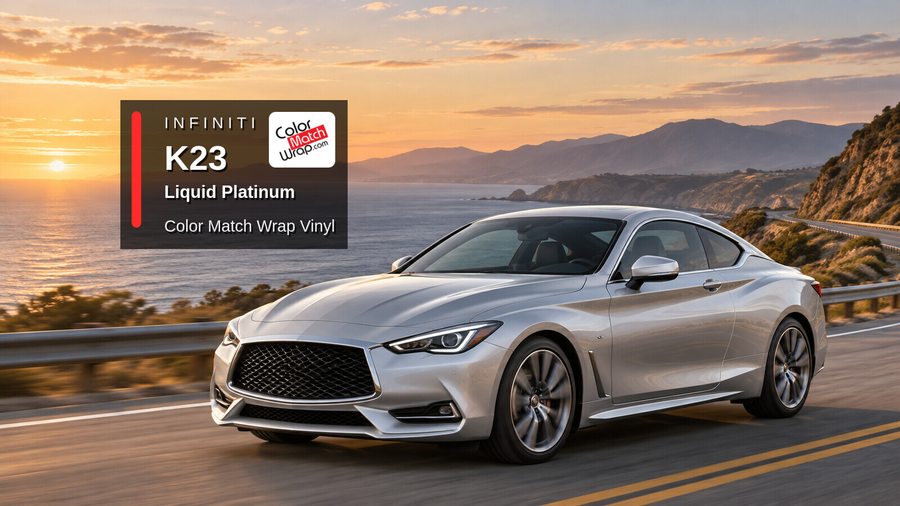 Illustrative Q60-inspired coupe in Infiniti K23 Liquid Platinum with Color Match Wrap branding