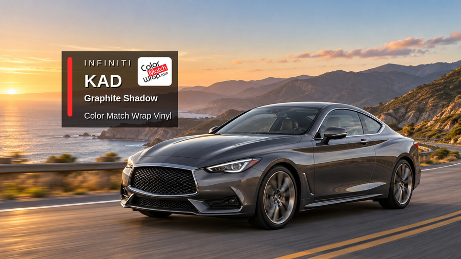 Illustrative Q60-inspired coupe in Infiniti KAD Graphite Shadow with Color Match Wrap branding