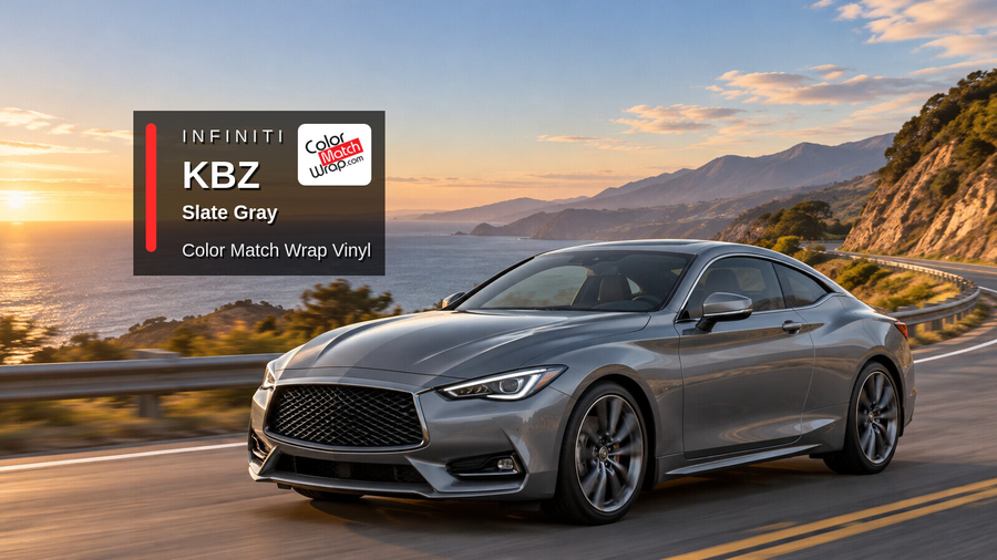 Illustrative Q60-inspired coupe in Infiniti KBZ Slate Gray with Color Match Wrap branding