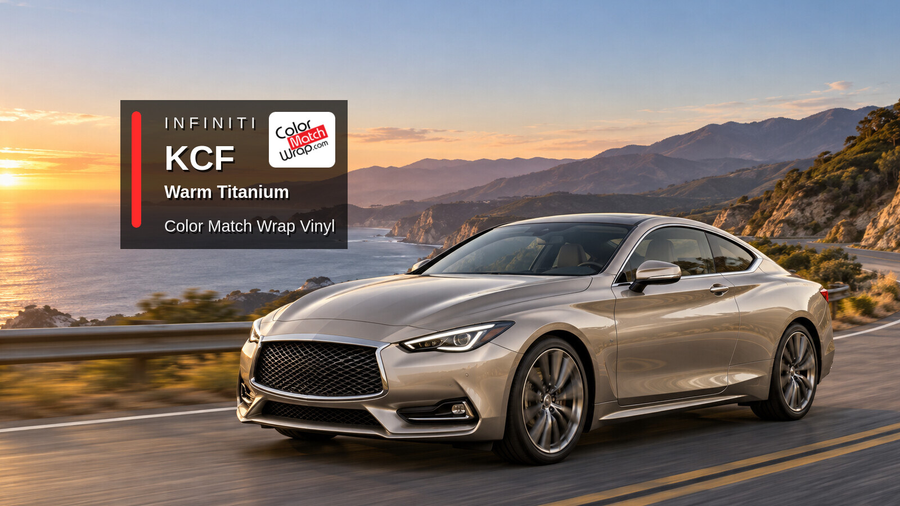 Illustrative Q60-inspired coupe in Infiniti KCF Warm Titanium with Color Match Wrap branding