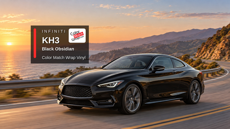 Illustrative Q60-inspired coupe in Infiniti KH3 Black Obsidian with Color Match Wrap branding