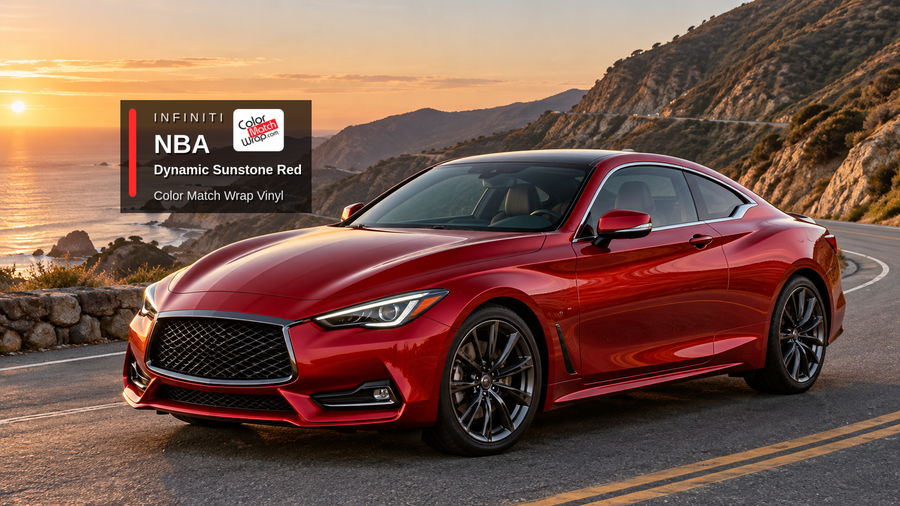 Illustrative Q60-inspired coupe in Infiniti NBA Dynamic Sunstone Red with Color Match Wrap branding