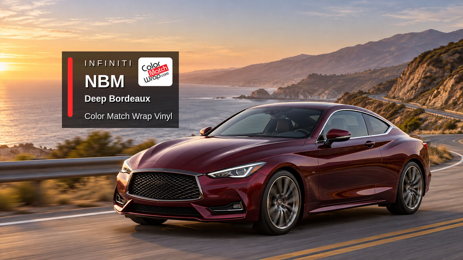 Illustrative Q60-inspired coupe in Infiniti NBM Deep Bordeaux with Color Match Wrap branding