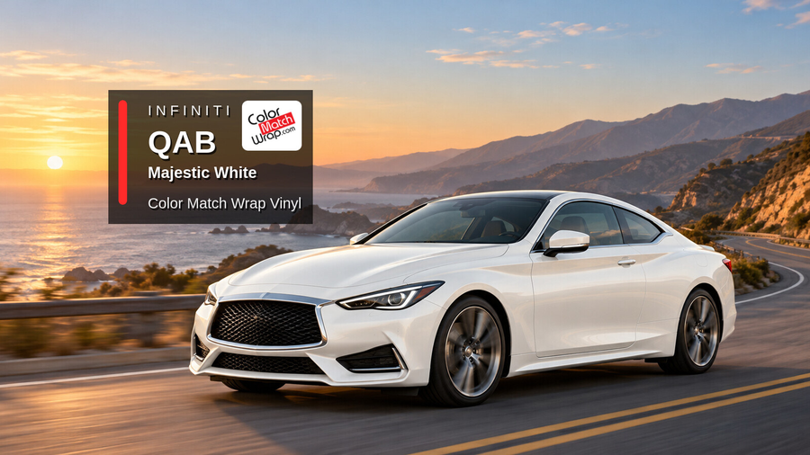 Illustrative Q60-inspired coupe in Infiniti QAB Majestic White with Color Match Wrap branding