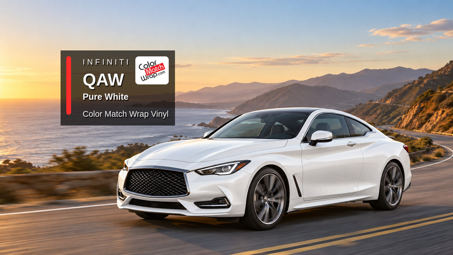 Illustrative Q60-inspired coupe in Infiniti QAW Pure White with Color Match Wrap branding