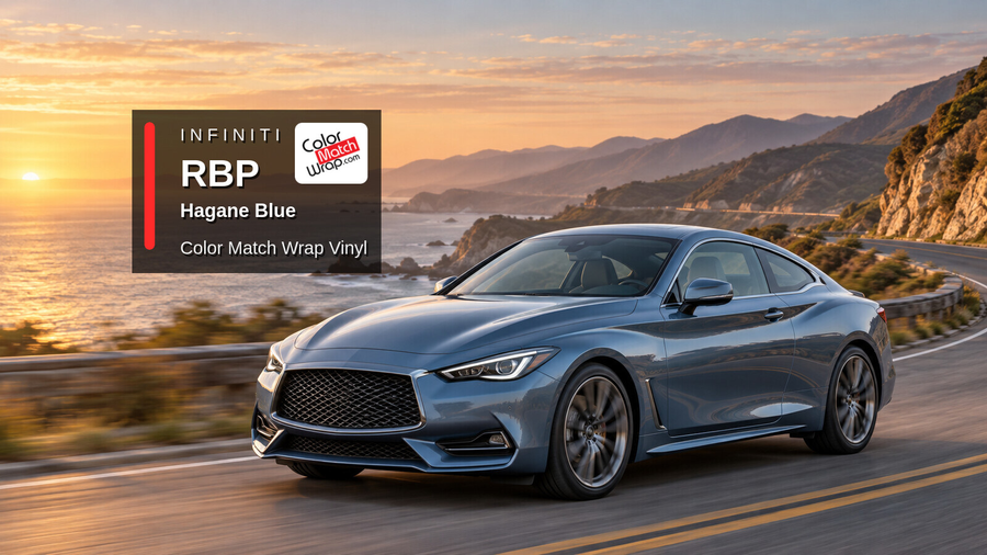 Illustrative Q60-inspired coupe in Infiniti RBP Hagane Blue with Color Match Wrap branding