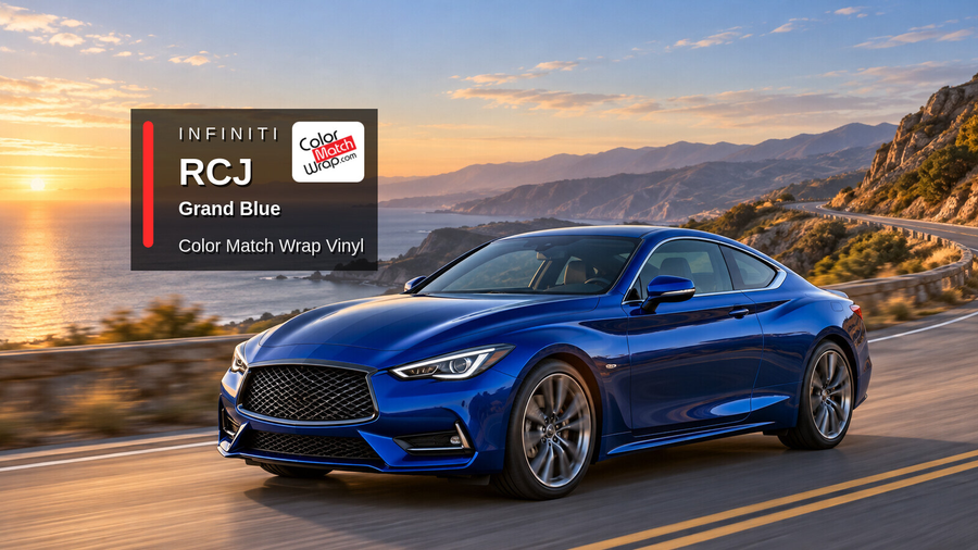 Illustrative Q60-inspired coupe in Infiniti RCJ Grand Blue with Color Match Wrap branding
