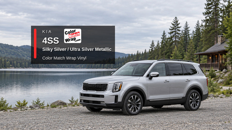 Illustrative three-row SUV in Kia 4SS Silky Silver / Ultra Silver Metallic with Color Match Wrap branding