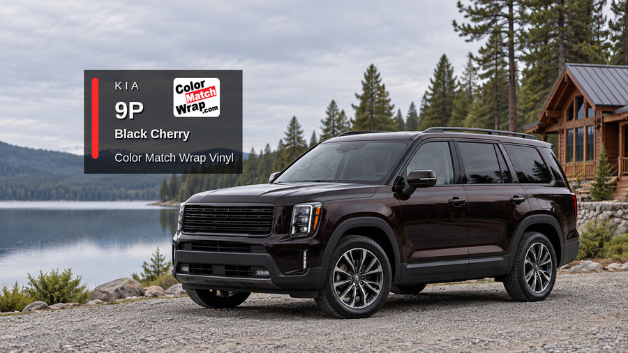 Illustrative three-row SUV in Kia 9P Black Cherry with Color Match Wrap branding