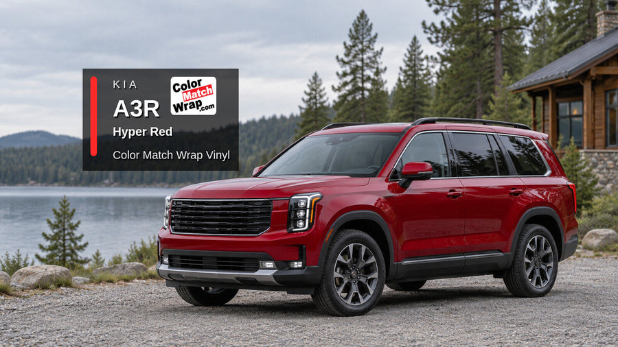 Illustrative three-row SUV in Kia A3R Hyper Red with Color Match Wrap branding