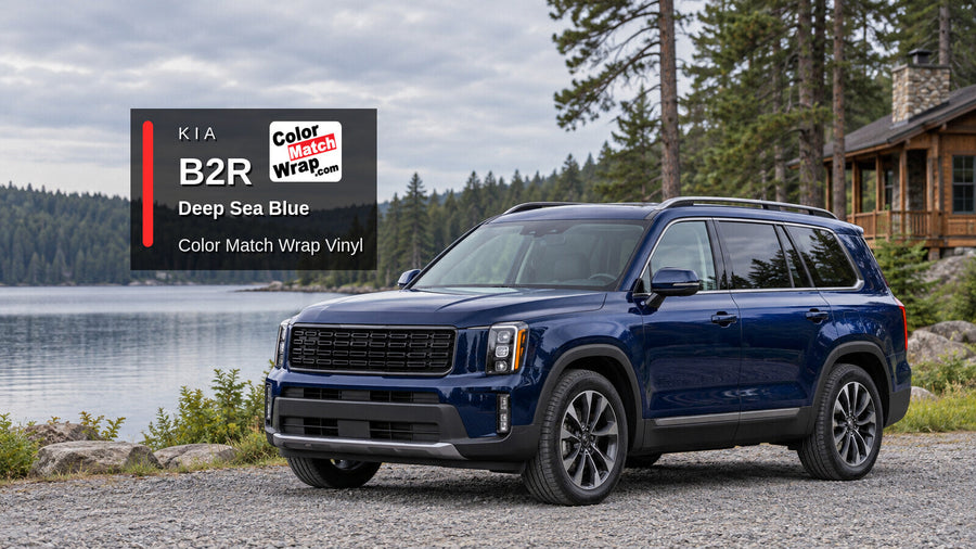 Illustrative three-row SUV in Kia B2R Deep Sea Blue with Color Match Wrap branding
