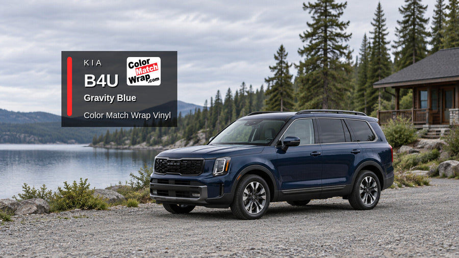 Illustrative three-row SUV in Kia B4U Gravity Blue with Color Match Wrap branding