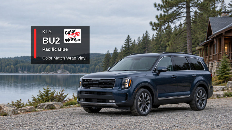 Illustrative three-row SUV in Kia BU2 Pacific Blue with Color Match Wrap branding