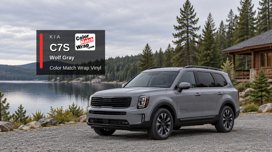 Illustrative three-row SUV in Kia C7S Wolf Gray with Color Match Wrap branding