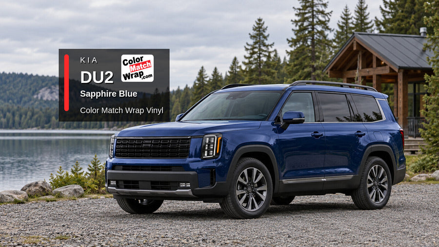 Illustrative three-row SUV in Kia DU2 Sapphire Blue with Color Match Wrap branding