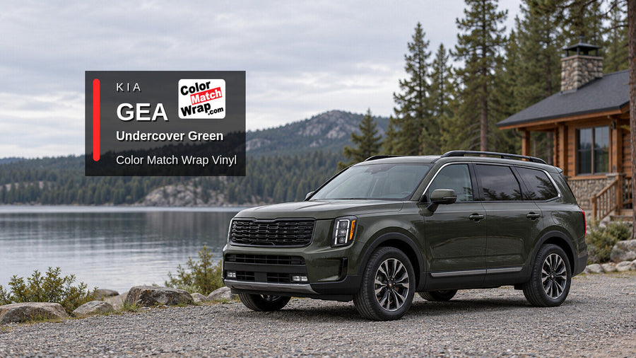 Illustrative three-row SUV in Kia GEA Undercover Green with Color Match Wrap branding