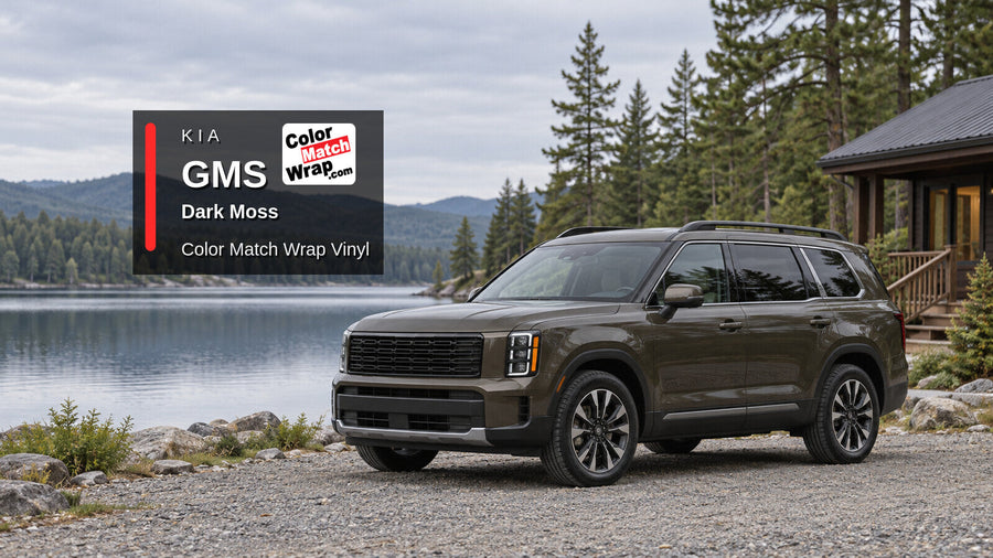 Illustrative three-row SUV in Kia GMS Dark Moss with Color Match Wrap branding