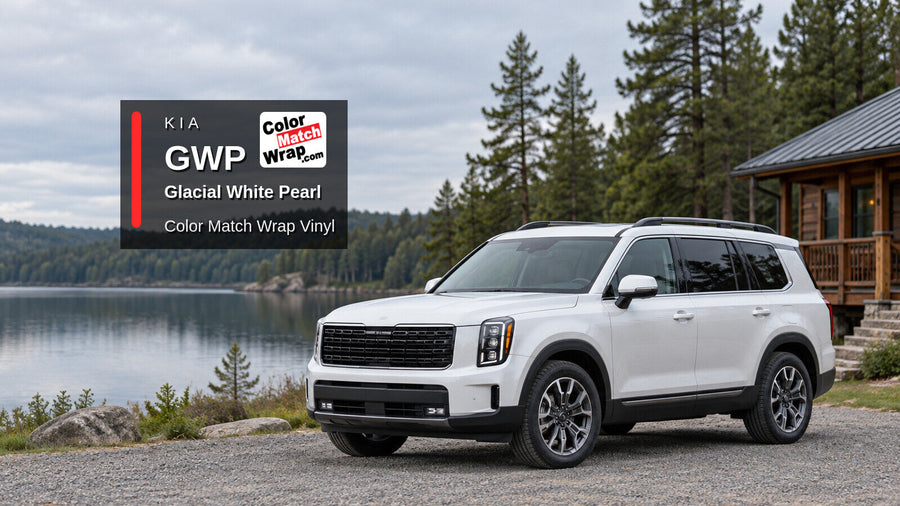 Illustrative three-row SUV in Kia GWP Glacial White Pearl with Color Match Wrap branding