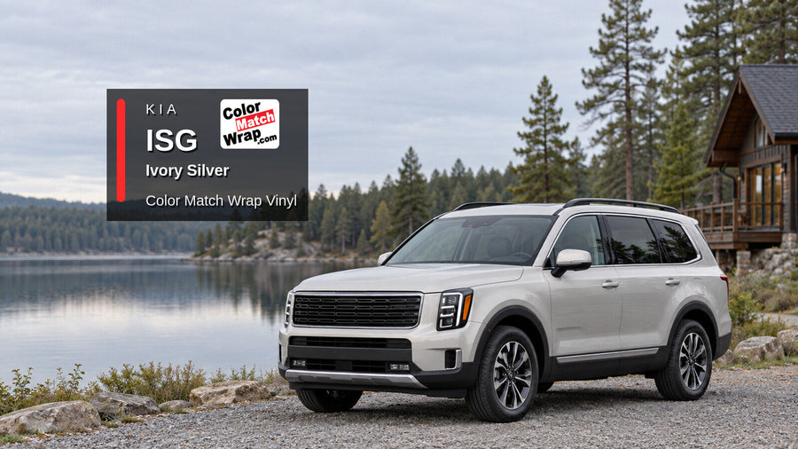 Illustrative three-row SUV in Kia ISG Ivory Silver with Color Match Wrap branding