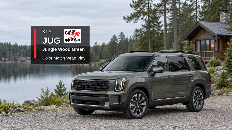 Illustrative three-row SUV in Kia JUG Jungle Wood Green with Color Match Wrap branding