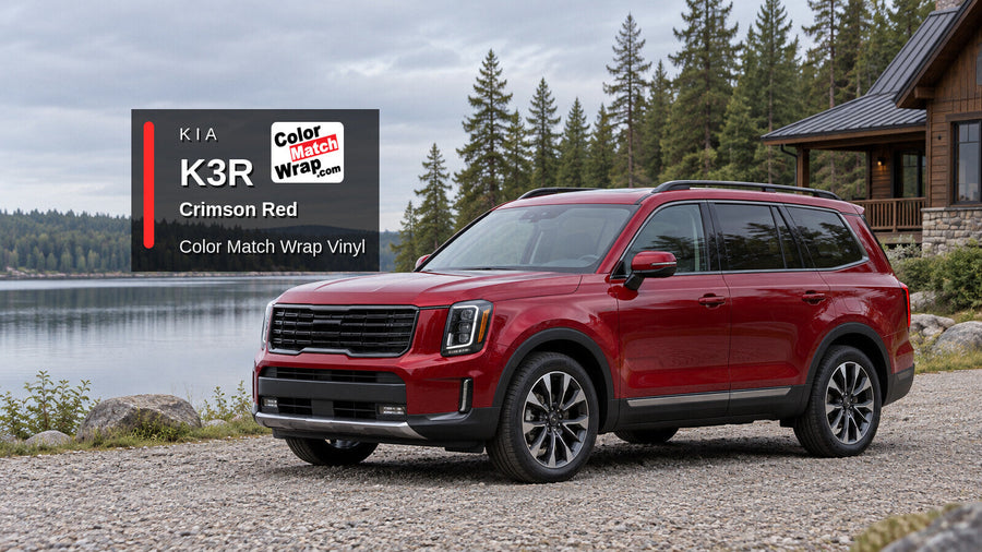 Illustrative three-row SUV in Kia K3R Crimson Red with Color Match Wrap branding