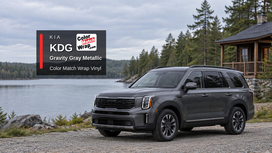 Illustrative three-row SUV in Kia KDG Gravity Gray Metallic with Color Match Wrap branding